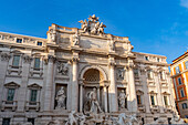 The Trevi Fountain on the rear of the Palazzo Poli in the Piazza di Trevi in Rome, Italy.