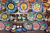 Ceramic plates souvenir in Amman, Jordan. Bazaar with souvenirs near King Abdullah I mosque in Amman, Jordan