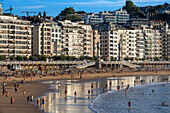 Landscape view over Playa de La Concha beach in San Sebastian, Gipuzkoa, Donostia San Sebastian city, north of Spain, Euskadi, Euskaerria, Spain.