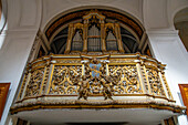 Ornate 18th Century organ in a side chapel in the Cathedral of Saints Philip and James in Sorrento, Italy.