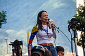 The leader of the opposition Maria Corina Machado, appears at the rally of the opposition called by her, in the streets of Caracas.