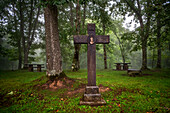 Lookout of the three crosses and the sanctuary of Saint Anthony of Urkiola in the heart of the Urkiola Natural Park in the Basque Country, Spain