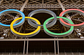 Olympic rings on the Eiffel Tower, Paris, France