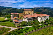 Aerial view Ziortza-Bolibar, Zenarruza monastery on the Camino del Norte, Spanish pilgrimage route to Santiago de Compostela, a UNESCO World Heritage Site, Basque country Euskadi, Spain