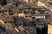 Traditional clay tile rooftops of the medieval buildings in the walled city of San Gimignano, Italy.