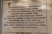 Inscription on the monument to Giovanni delle Bande Nere in the Piazza San Lorenzo in Florence, Italy. Giovanni was the father of Cosimo I de' Medici.