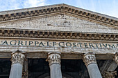 Detail of the facade of the Pantheon in the Piazza della Rotunda in Rome, Italy.