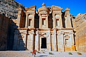 A view of The Monastery or Ad-Deir sculpted out of the rock, at Petra, Jordan. The Monastery of Petra is the largest of the magnificent carved tombs from the ancient necroplis that still exists.