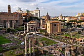 Ruins of the Roman Forum in the Colosseum Archaeological Park in Rome, Italy.