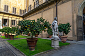 A female statue & potted citrus trees in the gardens of the Palazzo Medici Riccardi. Florence, Italy.