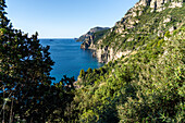 The Amalfi Coast in italy on the Gulf of Salerno with the Scoglia Vetara rock at left.