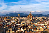 View of the Duomo or Cathedral of Santa Maria del Fiore from the Palazzo Vecchio tower in Florence, Italy.