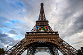 Close up of the intricate Eiffel Tower wrought iron lattice work , The Eiffel Tower is the most visited paid monument in the world , Paris ,France