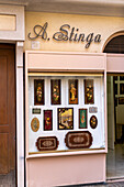 Entrance to the A. Stinga shop that produces and sells intarsia or handcrafted inlaid wood art in Sorrento, Italy.