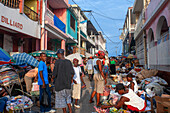 Local market and houses in the historic colonial old town, Jacmel city center, Haiti, West Indies, Caribbean, Central America