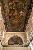 Painted ceiling of the nave & organ loft of the Sanctuary of the Madonna del Carmine in Sorrento, Italy.