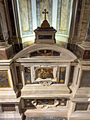 Altar in the Church of St. Paul of Three Fountains at the Abbey of the Three Fountains in Rome, Italy. The traditional site of the beheading of St. Paul the Apostle in Rome.