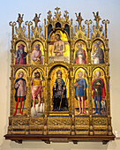 A polyptych altarpiece by Antonio Vivarini and Bartolomeo Vivarini, Vatican Museums, Vatican City, Rome, Italy. Entitled St. Anthony Abbot between Saints Sebastian, Christopher, Venantius, Roche: Pietá between Saints Jerome, Peter, Paul and Augustine.