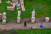 Statues by the House of the Vestal Virgins in the Forum in the Colosseum Archaeological Park. Rome, Italy.