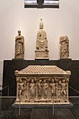 Sculptures by Arnolfo di Cambio & a Roman sarophagus in the Duomo Museum in Florence, Italy. L-R: Prophet, Pope Boniface VIII and a headless prophet. All made between 1296 and 1310 A.D. The Roman sarcophagus dates from the 2nd Century A.D. and depicts Castor and Pollux.