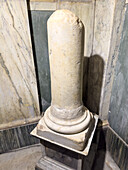 Broken pillar in the Church of St. Paul of Three Fountains at the Abbey of the Three Fountains in Rome, Italy. This pillar is the traditional site of the beheading of St. Paul the Apostle in Rome.