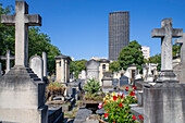 Montparnasse cemetery, Paris, France with Tour Montparnasse in the background