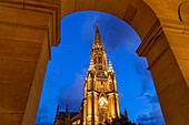 Bell Tower of gothic Cathedral of Good Shepherd or Catedral del buen pastor in Donosti San Sebastian city, north of Spain, Euskadi, Euskaerria, Spain.