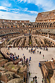 Interior of the Roman Colosseum or Flavian Amphitheater in Rome, Italy. The tunnels under the floor of the arena were called hypogeum.