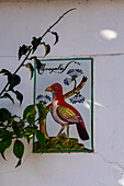 A colorful bird on a ceramic tile on a gatepost in the resort town of Anacapri on the island of Capri, Italy.