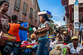 Local market and houses in the historic colonial old town, Jacmel city center, Haiti, West Indies, Caribbean, Central America