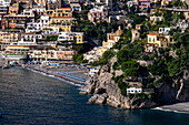 View of the seaside resort town of Positano on the Amalfi Coast in Italy, as viewed from the south.