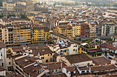 Looking down on the Ponte Vecchio bridge over the Arno from the tower of the Palazzo Vecchio, Florence, Italy.