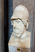 Roman copy of Pericles with a Corinthian helmet in the Vatican Museums, Vatican City, Rome, Italy. Copy of a Greek bronze from the 4th Century B.C.