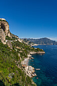 A Saracen tower on a beach of Conca dei Marini on the Amalfi Coast of Italy.