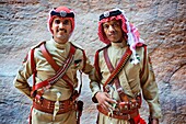 Jordanian tourist police army Beduin police officer, dagger made of silver, Petra, Jordan, Middle East.