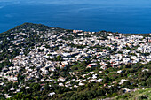 A view of the Tyrrhenian Sea and the town of Anacapri on the island of Capri, Italy.