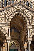 Detail of the facade of the Duomo of Amalfi, the Cathedral of St. Andrew, in Amalfi, Italy.