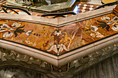 Detail of the inlaid marble mosaic or commesso in the crypt of the Basilica of Sant'Antonino, Sorrento, Italy. Also called Florentine mosaic.