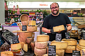 Cheese shop in the San Martin market in Donosti San Sebastian city, north of Spain, Euskadi, Euskaerria, Spain.