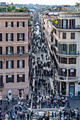 The Piazza di Spagna & the Via dei Condotti from the top of the Spanish Steps in Roma, Italy.