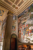 Fresco of the journey of the Magi to Bethlehem in the Magi Chapel in the Palazzo Medici Riccardi in Florence, Italy. Members of the de' Medici family are depicted in the painting. The narrow panel in the center depicts the shepherds of the Nativity.