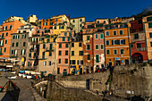 Colorful buildings overlooking the harbor in Riomaggiore, Cinque Terre, Italy.