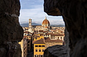 View of the Duomo or Cathedral of Santa Maria del Fiore from the Palazzo Vecchio tower in Florence, Italy.