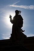 Silhouette of the statue of Sant'Antonino Abate on the Piazza Sant'Antonino in Sorrento, Italy. He is the patron saint of the city.