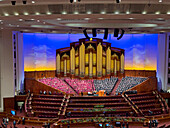 The Tabernacle Choir at Temple Square seated before the General Conference of Church of Jesus Christ of Latter-day Saints in the Conference Center in Salt Lake City, Utah.