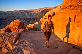 The walk down to the High place of sacrifice, Jabal Al-Khubtha, sacrificial altar, ancient cult site on Petra, Jordan.