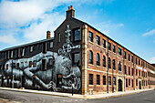 Huge mural by local artist Phlegm on side of Grade II listed building Eye Witness works, Headford Street, Milton Street, Sheffield, Yorkshire, England