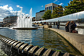 Cutting Edge steel wall and cascading water feature outside Sheffield railway station, Sheffield Gateway, Sheffield, Yorkshire, England