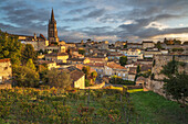 View over the old town and the bell tower of the monolithic church, Saint Emilion, Gironde Department, Nouvelle Aquitaine, France, Europe