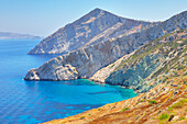 View of Folegandros Island multicolored rocks coastline, Chora, Folegandros Island, Cyclades Islands, Greek Islands, Greece, Europe